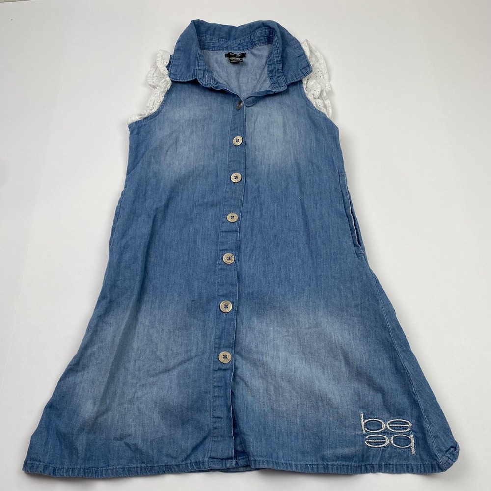 Bebe Girls Dress Size 7/8 Blue Denim Shirt Lace Flutter Sleeveless BCY47385